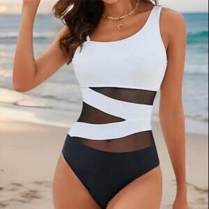 Blooming Jelly Womens One Shoulder Mesh One Piece Swimsuit M Black White Slimmin